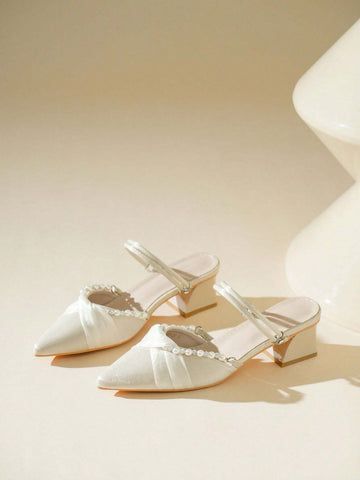 Women's High Heel Peep Toe Pumps 2024 Spring New Pearl Decoration Chunky Heel Shoes For Summer
