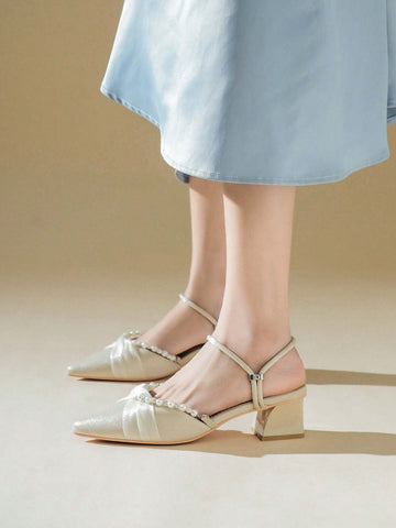 Women's High Heel Peep Toe Pumps 2024 Spring New Pearl Decoration Chunky Heel Shoes For Summer