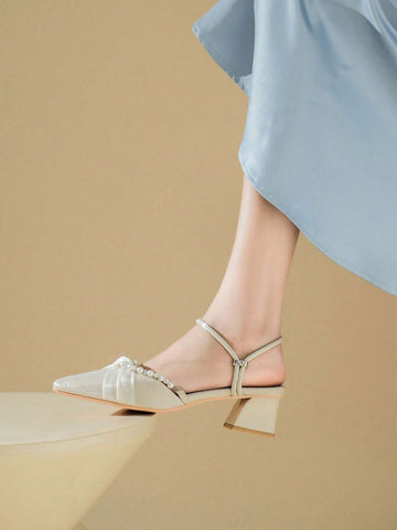 Women's High Heel Peep Toe Pumps 2024 Spring New Pearl Decoration Chunky Heel Shoes For Summer