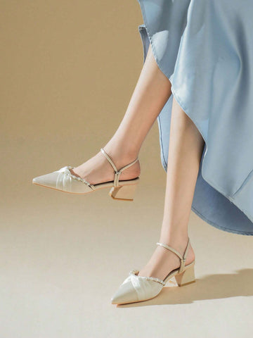 Women's High Heel Peep Toe Pumps 2024 Spring New Pearl Decoration Chunky Heel Shoes For Summer