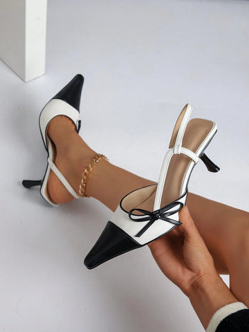 Women's High Heel Pointed Toe Color Block Single Shoes With Bowknot & Back Strap