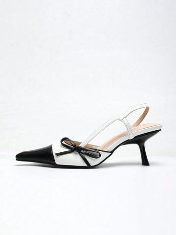 Women's High Heel Pointed Toe Color Block Single Shoes With Bowknot & Back Strap