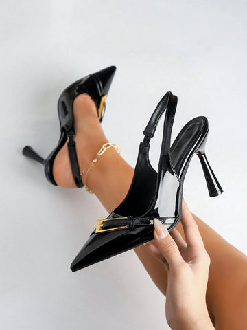 Women's High Heel Pointed Toe Fashion Buckled, Match Black Dress, Black Patent Leather Slingback Pumps With Back Strap