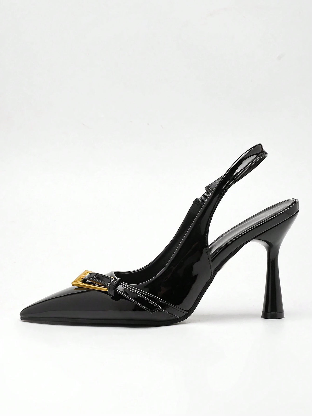 Women's High Heel Pointed Toe Fashion Buckled, Match Black Dress, Black Patent Leather Slingback Pumps With Back Strap