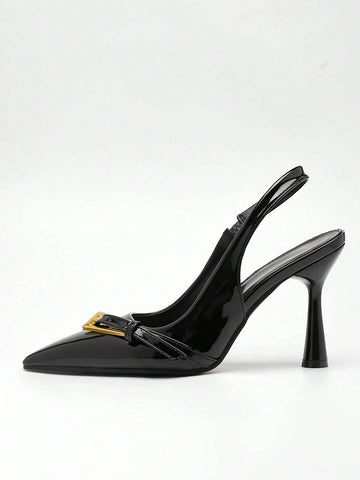 Women's High Heel Pointed Toe Fashion Buckled, Match Black Dress, Black Patent Leather Slingback Pumps With Back Strap