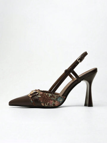 Women's High Heel Pointed Toe Fashion Metal Decor Retro Jacquard Back Strap Pumps