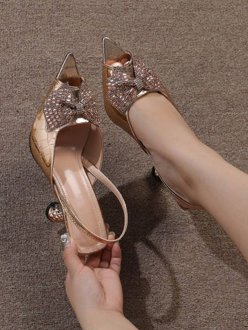 Women's High Heel Pumps Pointed Toe Fashion Bowknot Crystal Decor Backstrap