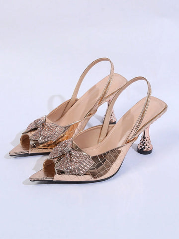 Women's High Heel Pumps Pointed Toe Fashion Bowknot Crystal Decor Backstrap