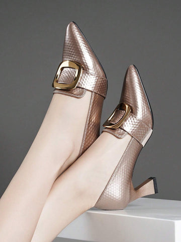 Women's High Heel Pumps With Metallic Decoration, Pointed Toe, Chunky Heel, Sexy And Fashionable