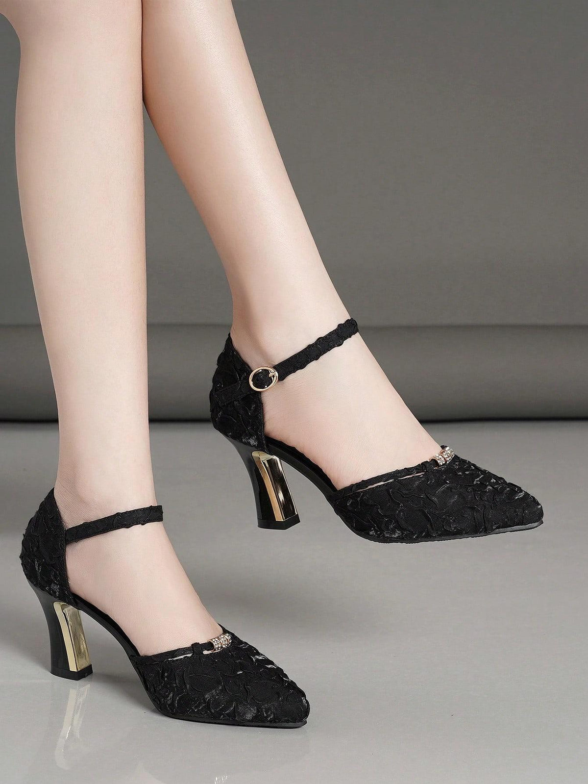 Women's High Heel Pumps With Pointed Toe, Hollow Design, Chunky Heels And Ankle Strap