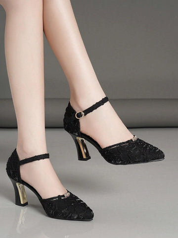 Women's High Heel Pumps With Pointed Toe, Hollow Design, Chunky Heels And Ankle Strap