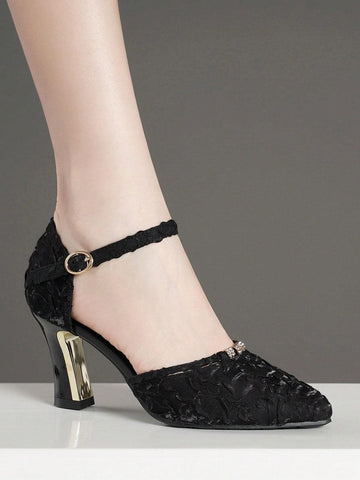 Women's High Heel Pumps With Pointed Toe, Hollow Design, Chunky Heels And Ankle Strap