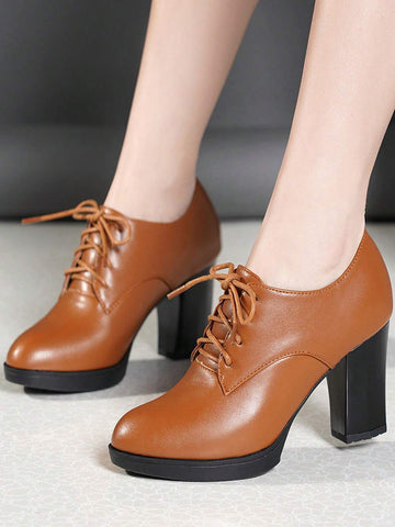 Women's High Heel Round Toe Pumps, Yellow Leather Casual Slip-On Comfortable Work Shoes, Spring/Autumn