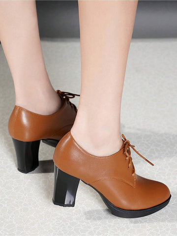 Women's High Heel Round Toe Pumps, Yellow Leather Casual Slip-On Comfortable Work Shoes, Spring/Autumn