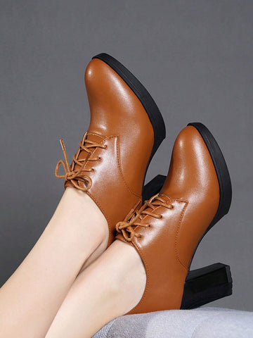 Women's High Heel Round Toe Pumps, Yellow Leather Casual Slip-On Comfortable Work Shoes, Spring/Autumn