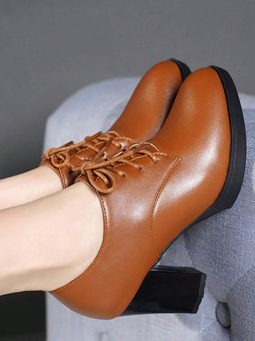 Women's High Heel Round Toe Pumps, Yellow Leather Casual Slip-On Comfortable Work Shoes, Spring/Autumn