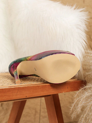 Women's High Heel Sandals, Open Toe, Colorful Snake Skin Pattern,