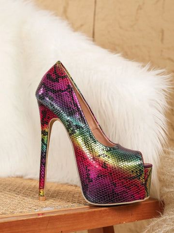 Women's High Heel Sandals, Open Toe, Colorful Snake Skin Pattern,