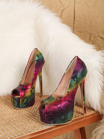 Women's High Heel Sandals, Open Toe, Colorful Snake Skin Pattern,