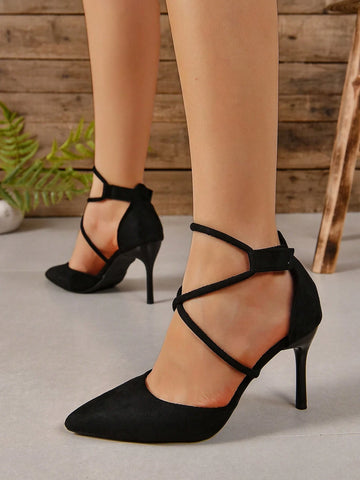 Women's High Heel Shoes, Black Sexy Buckle Strappy Stiletto Heels, Comfortable Soft Soles Fashionable Versatile