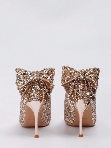 Women's High Heel Shoes Pointed Toe With Glitter Bow Decoration