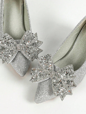 Women's High Heel Silver Pumps, Fashionable Sparkling Rhinestone Butterfly Embellished, Exude Elegant Charm, Versatile