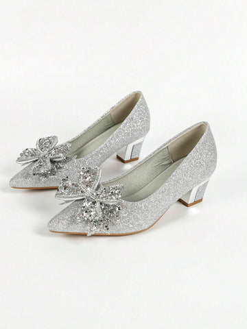 Women's High Heel Silver Pumps, Fashionable Sparkling Rhinestone Butterfly Embellished, Exude Elegant Charm, Versatile