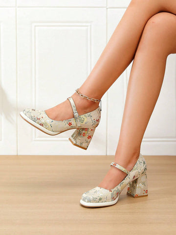 Women's High Heel Waterproof Platform Maryjane Shoes, Chinese Style Embroidery,