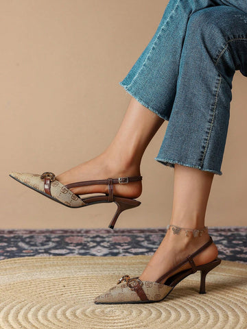 Women's High Heeled Pointed Toe Shoes With Buckle, Retro Vintage Floral Embroidery And Back Straps