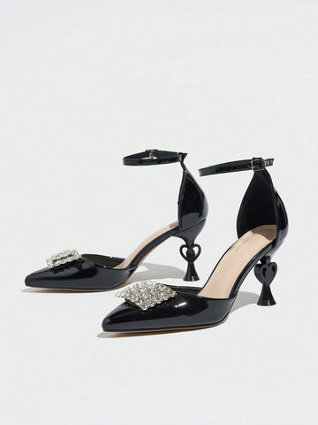 Women's High Heels, Fashion Party Outdoor Pumps, Shiny Crystal Decor Pointed Toe, Glossy Leather, Sexy Hollow