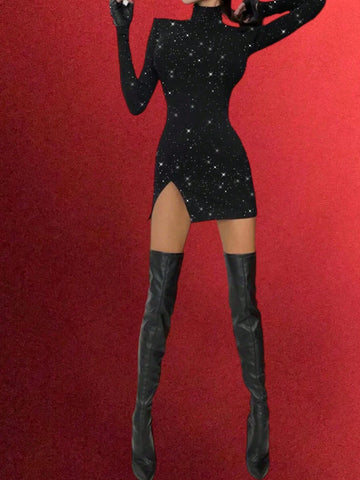 Women's High Neck Long Sleeve Split Hem Dress