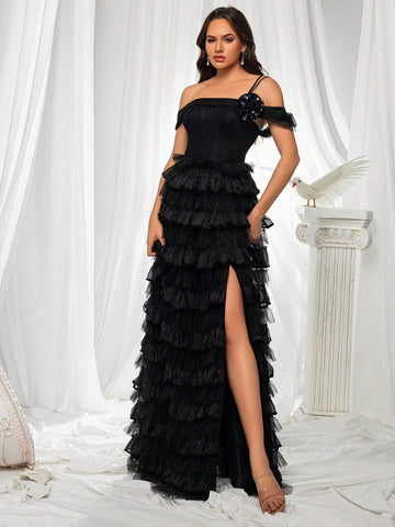 Women's High Slit Sparkly 3d Flower Decor Cake Mesh Skirt Formal Evening Dress