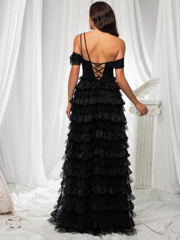 Women's High Slit Sparkly 3d Flower Decor Cake Mesh Skirt Formal Evening Dress