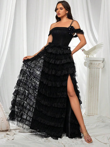 Women's High Slit Sparkly 3d Flower Decor Cake Mesh Skirt Formal Evening Dress