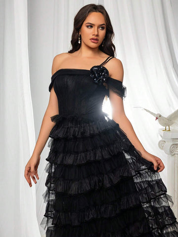 Women's High Slit Sparkly 3d Flower Decor Cake Mesh Skirt Formal Evening Dress