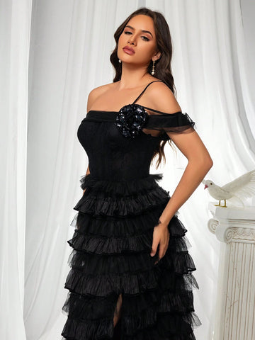 Women's High Slit Sparkly 3d Flower Decor Cake Mesh Skirt Formal Evening Dress