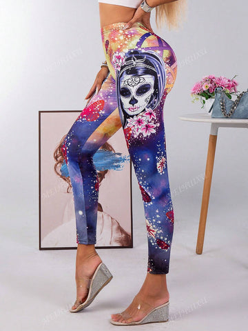 Women's High Waist Halloween Ghost Positioning Print Leggings
