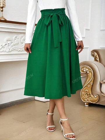 Women's High Waist Solid Color Skirt With Elegant Loose Waistband, Spring Summer