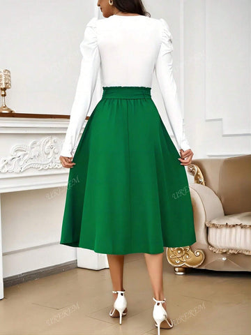 Women's High Waist Solid Color Skirt With Elegant Loose Waistband, Spring Summer