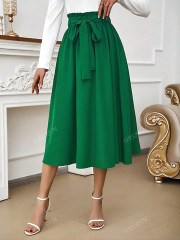 Women's High Waist Solid Color Skirt With Elegant Loose Waistband, Spring Summer