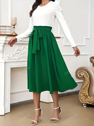 Women's High Waist Solid Color Skirt With Elegant Loose Waistband, Spring Summer