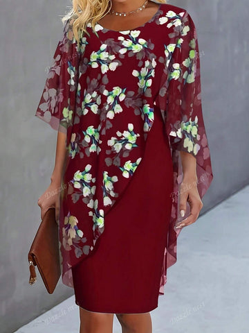 Women's Holiday Chiffon Floral Print 2 In 1 Elegant Dress