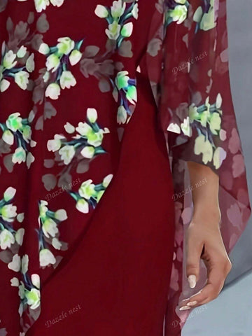 Women's Holiday Chiffon Floral Print 2 In 1 Elegant Dress