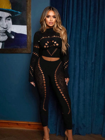 Women's Hollow Out Design Tight Top And Long Pants Clubwear Set