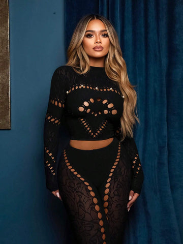 Women's Hollow Out Design Tight Top And Long Pants Clubwear Set