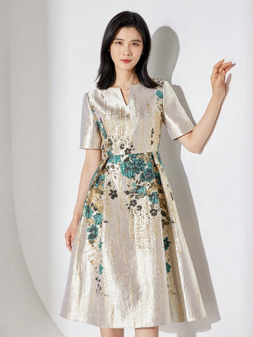 Women's Jacquard Party Dress With Notched Neckline