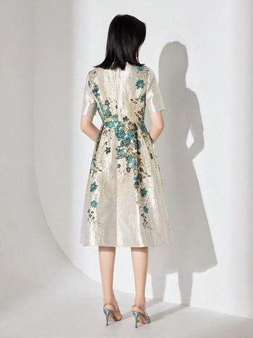 Women's Jacquard Party Dress With Notched Neckline