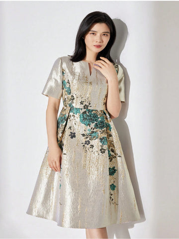 Women's Jacquard Party Dress With Notched Neckline