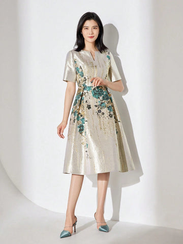 Women's Jacquard Party Dress With Notched Neckline