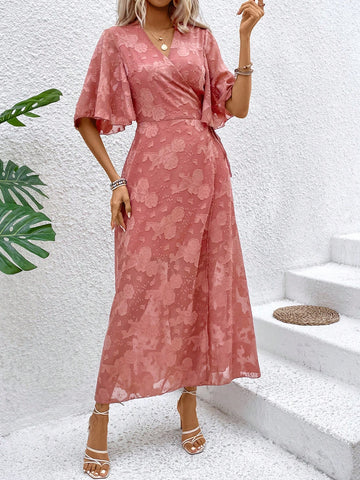 Women's Jacquard Wrap Front Dress With Ruffle Hem And Flounce Sleeves